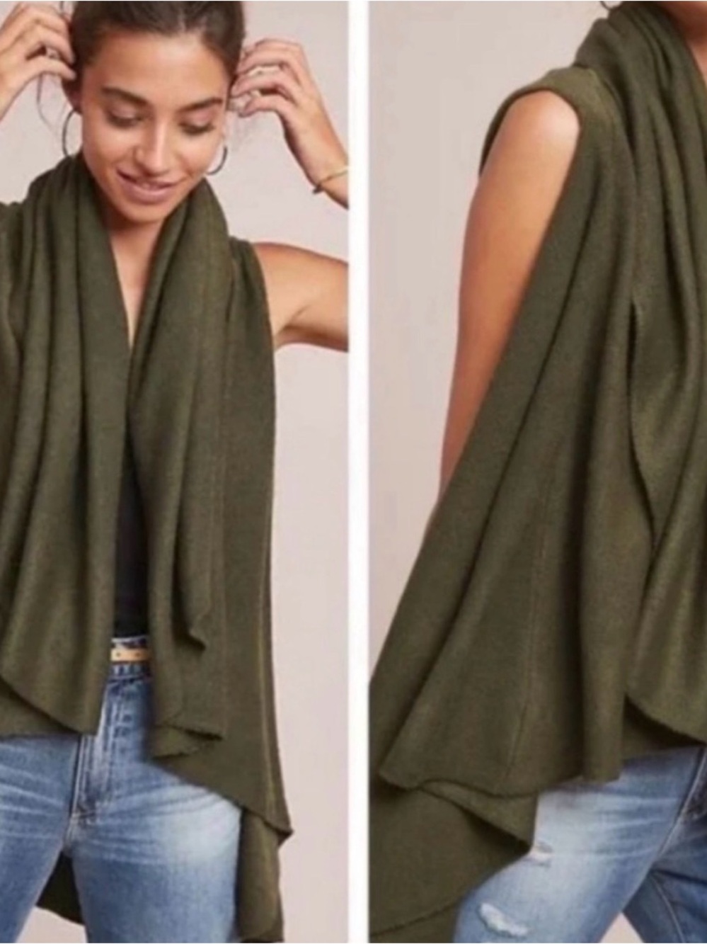 Moth Olive Draped Open-Front Sleeveless Vest